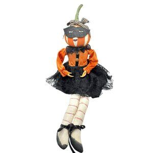 Joe Spencer Gathered Traditions Pumpkin Head Halloween Doll 24" Orange Black
